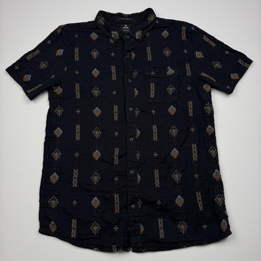 Roark Manawa Tapu Shirt Mens Large Black Geometric Short Sleeve Button Up Cotton